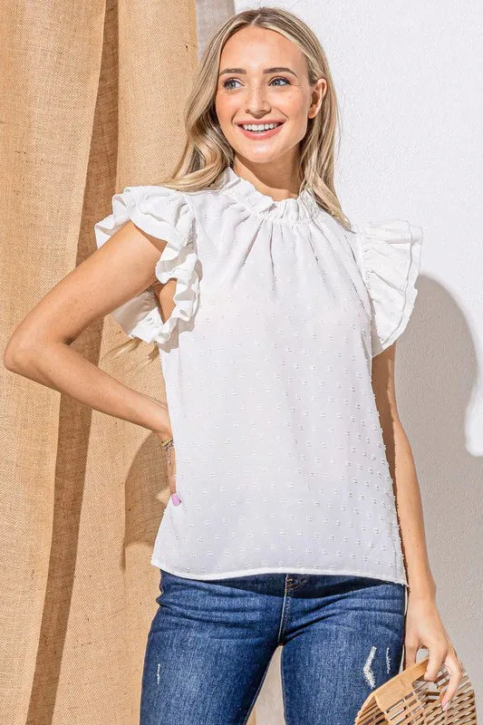 Ivory And The Why Polka Dot Textured Double Layered Ruffles Blouse