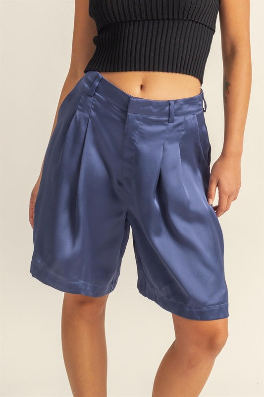 Dusty Blue Hyfve High Waist Pleated Satin Shorts