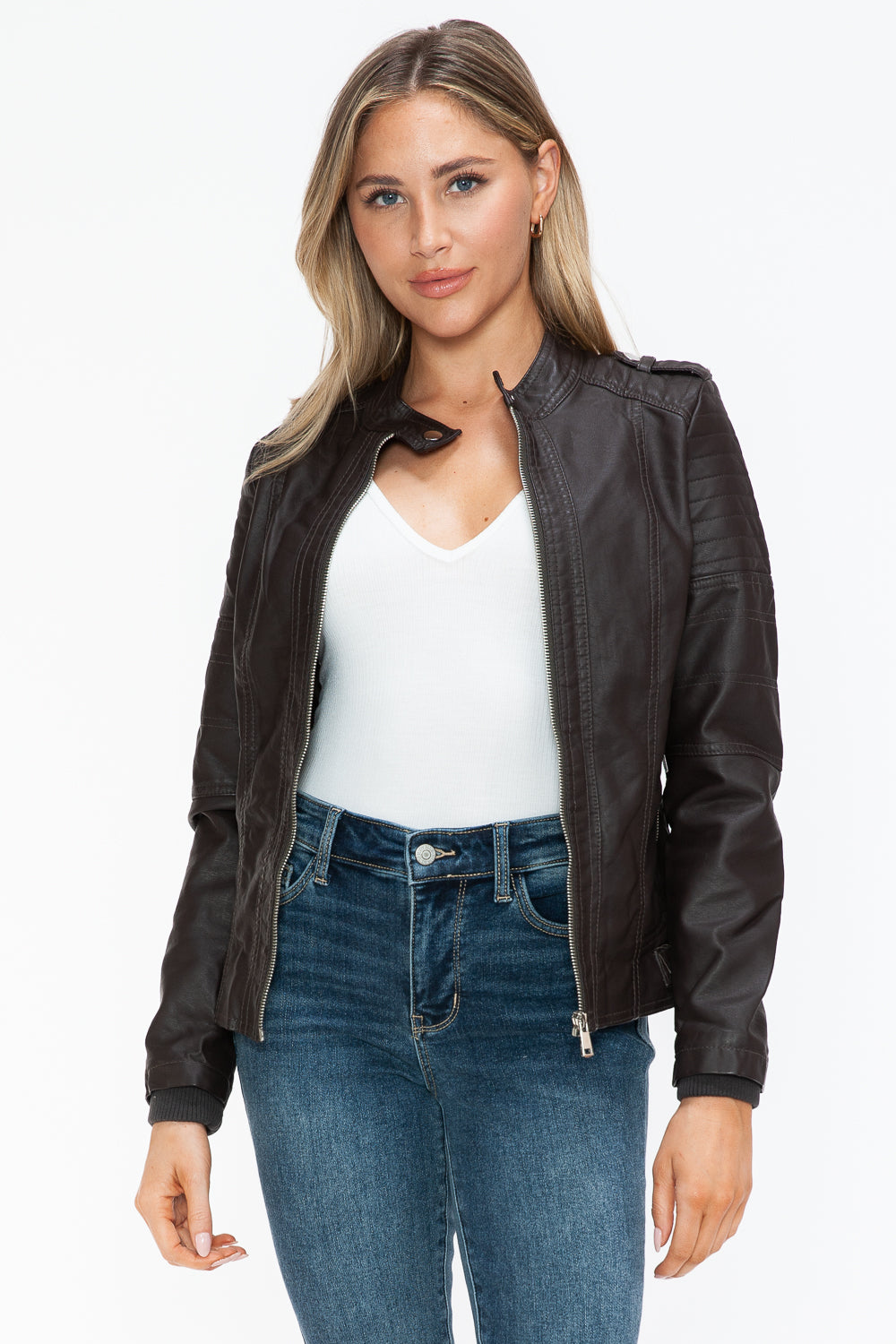 Chocolate Snobbish Pu Leather Biker Jacket With Side Zip Pockets 2