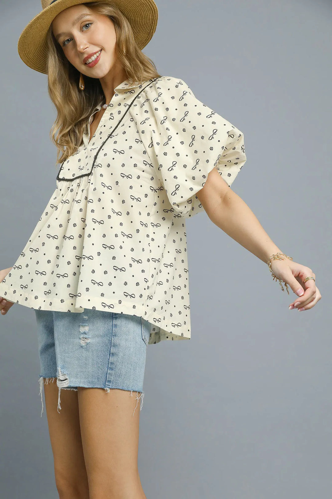 Cream Umgee Bow Print Puff Sleeve Blouse
