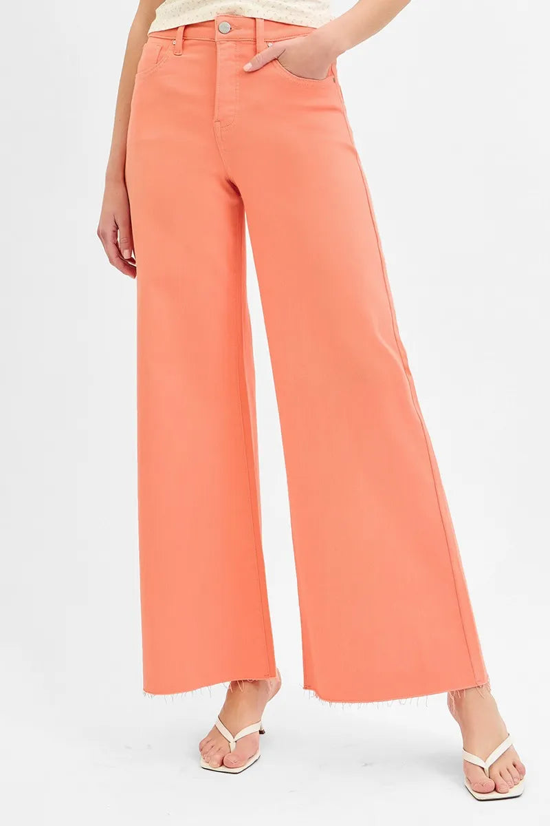 Coral Peach Risen Full Size Tummy Control High Rise Wide Leg Palazzo Jeans Plus Size