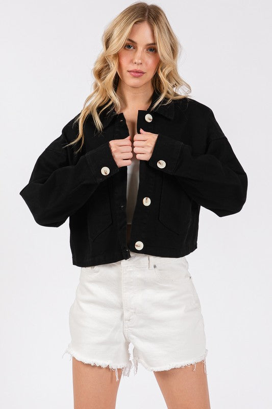 Black Bytos Button Down Cropped Denim Jacket With Patch Pockets 1