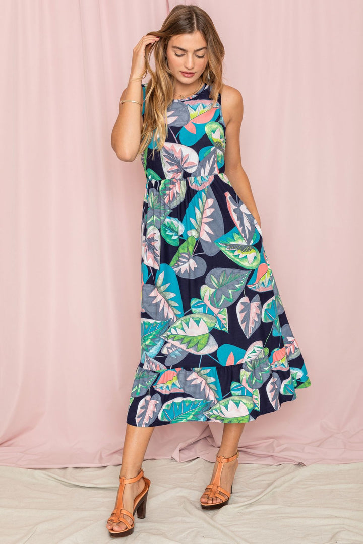Sleeveless Print Ruffled Hem Tea Length Dress