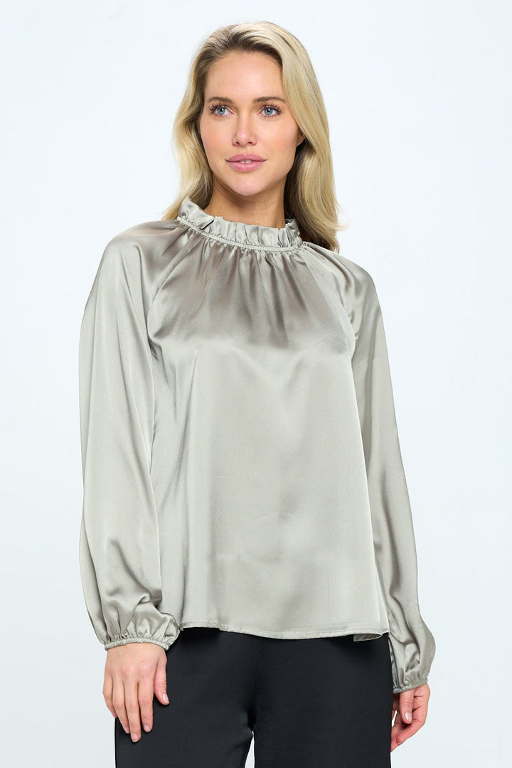 Made In Usa Solid Satin Ruffle Mock Neck Top