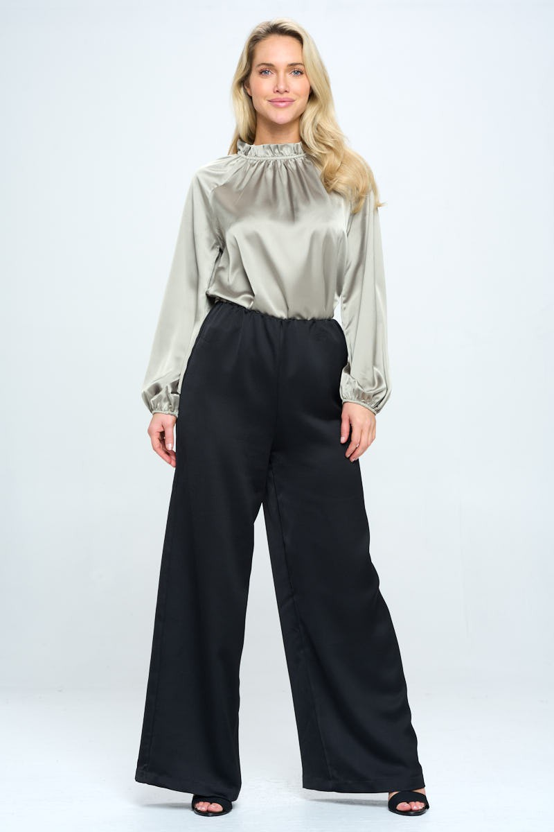 Sage Made In Usa Solid Satin Ruffle Mock Neck Top