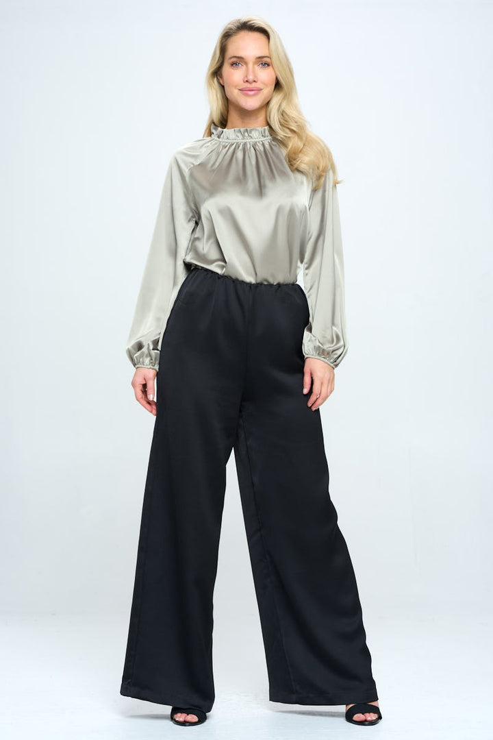 Sage Made In Usa Solid Satin Ruffle Mock Neck Top
