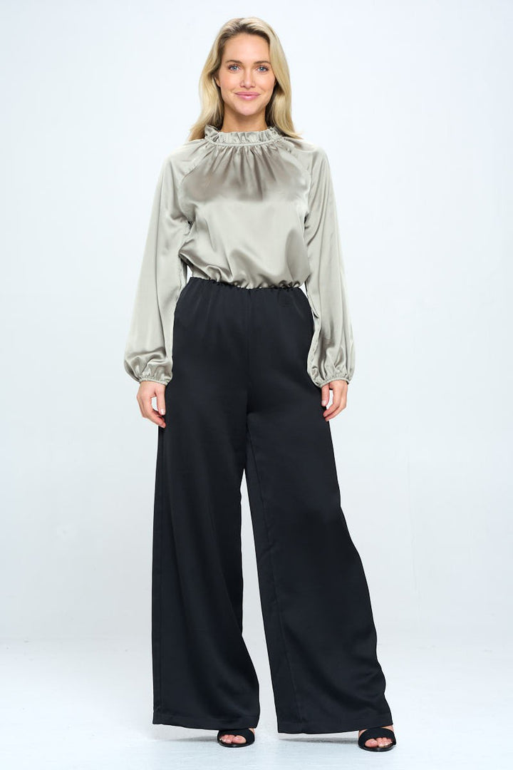 Made In Usa Solid Satin Ruffle Mock Neck Top