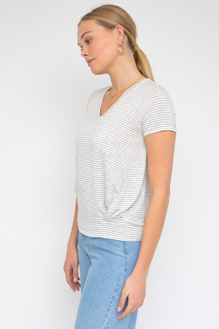 H Grey-Ivory Stripe Short Sleeve V Neck Twist Front Top