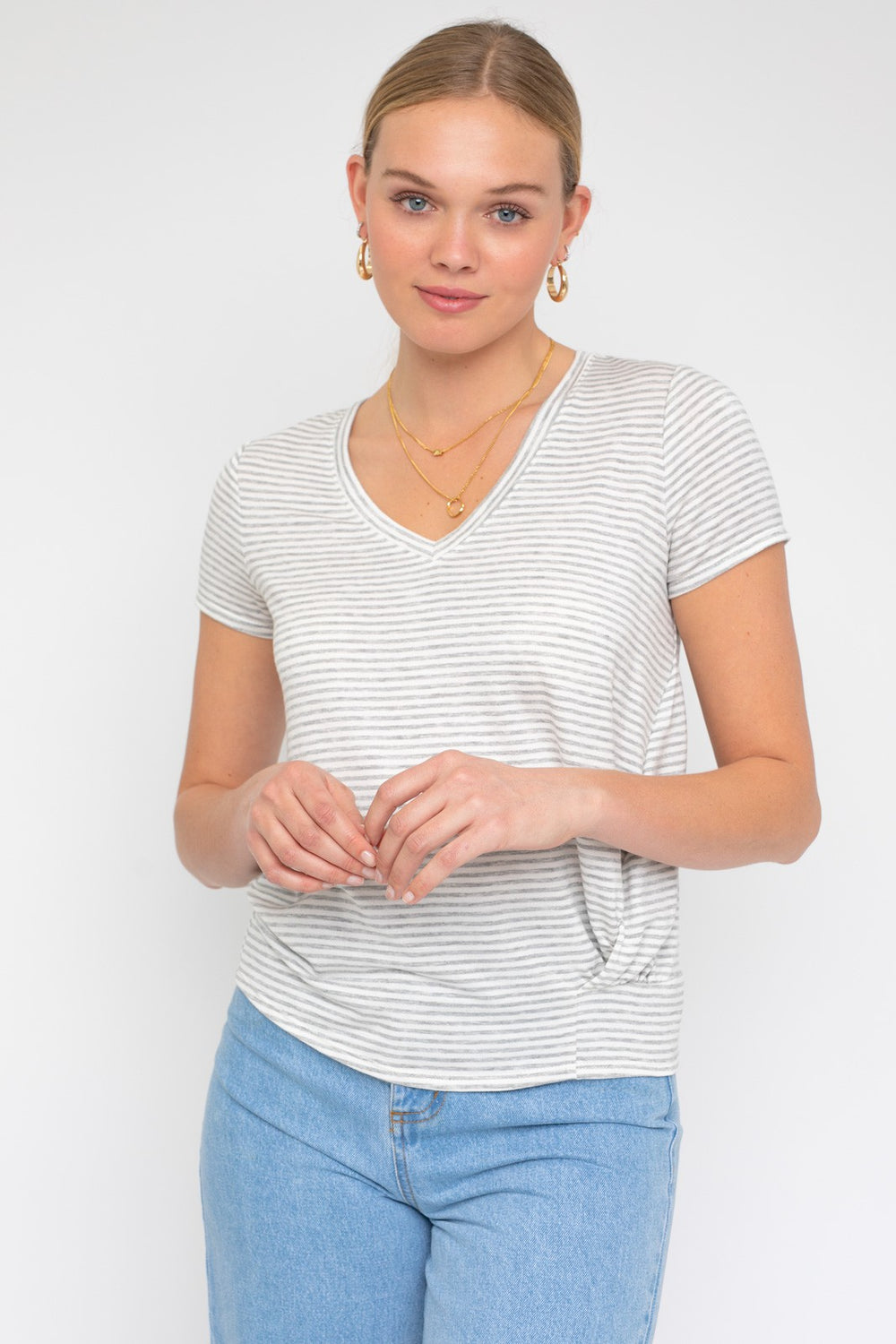 H Grey-Ivory Stripe Short Sleeve V Neck Twist Front Top