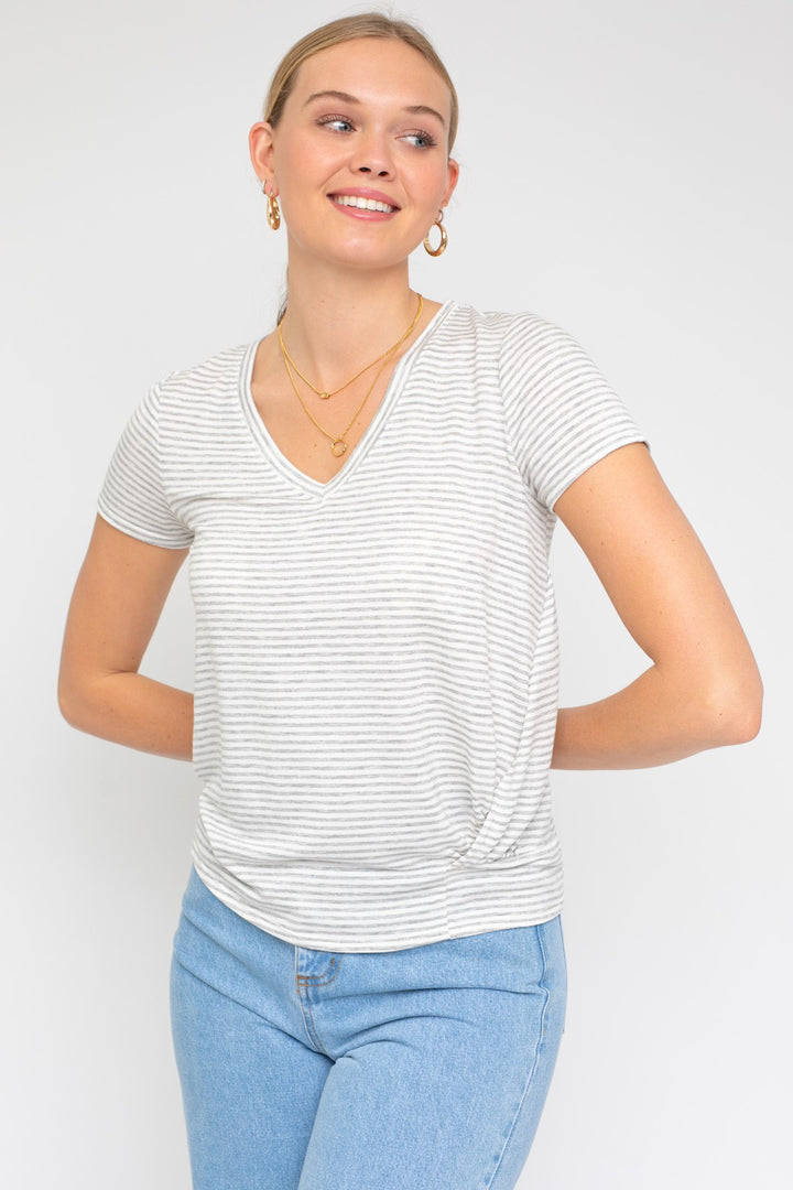 H Grey-Ivory Stripe Short Sleeve V Neck Twist Front Top