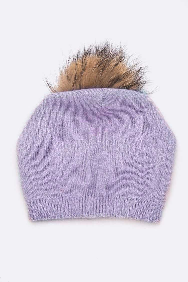 Khaki Raccoon Fur Pompom Pre Sewed Slouchy Beanie