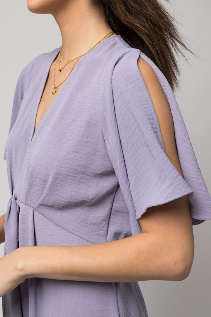 Solid V Neck Midi Dress W Front Knot | Anekay