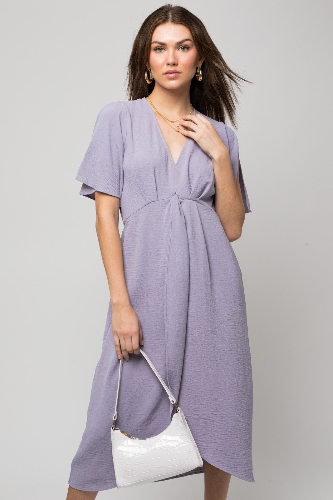 Solid V Neck Midi Dress W Front Knot | Anekay