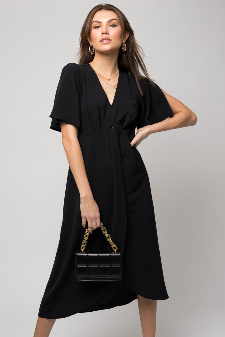 Black Solid V Neck Midi Dress W Front Knot | Anekay
