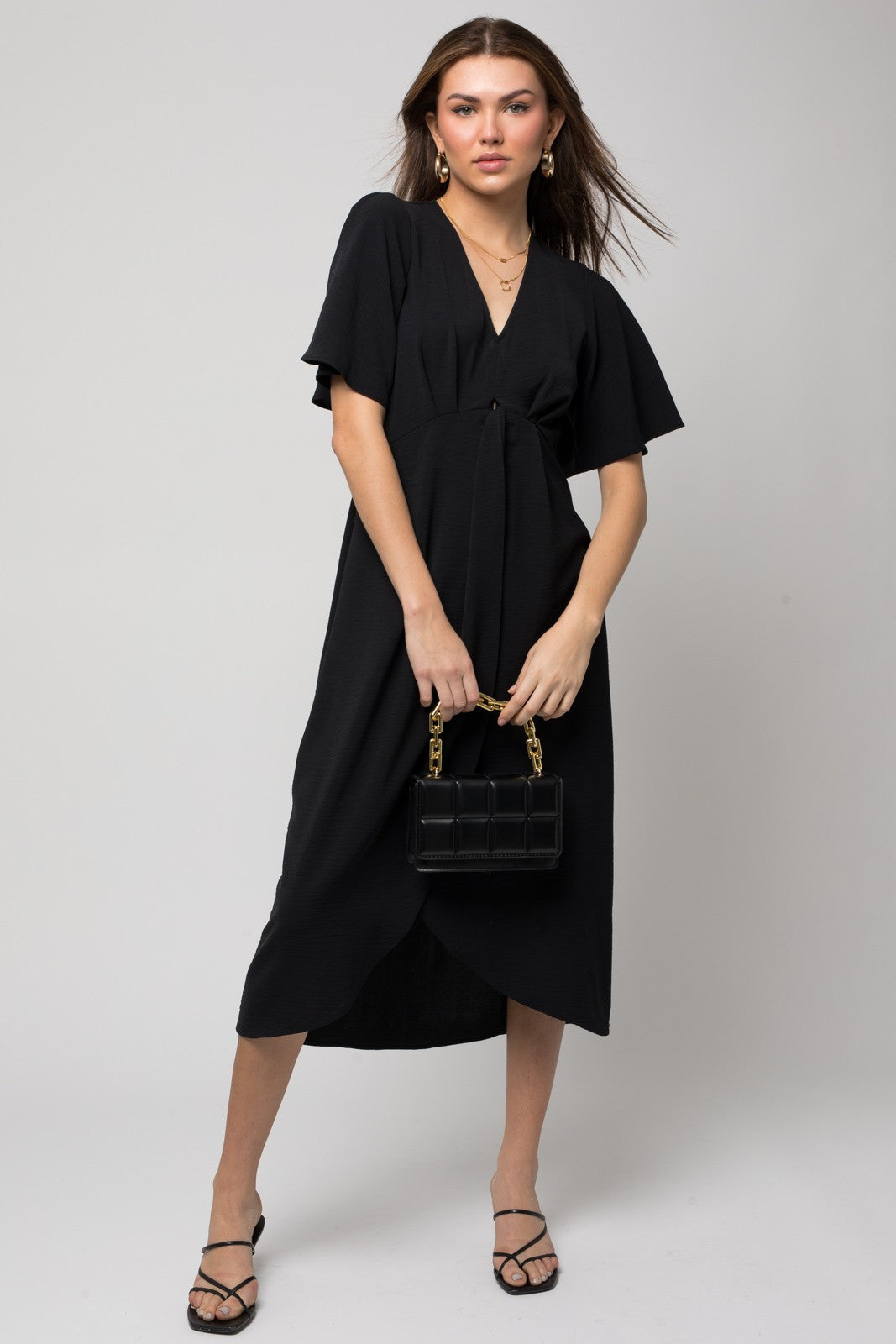 Lavender Solid V Neck Midi Dress W Front Knot | Anekay