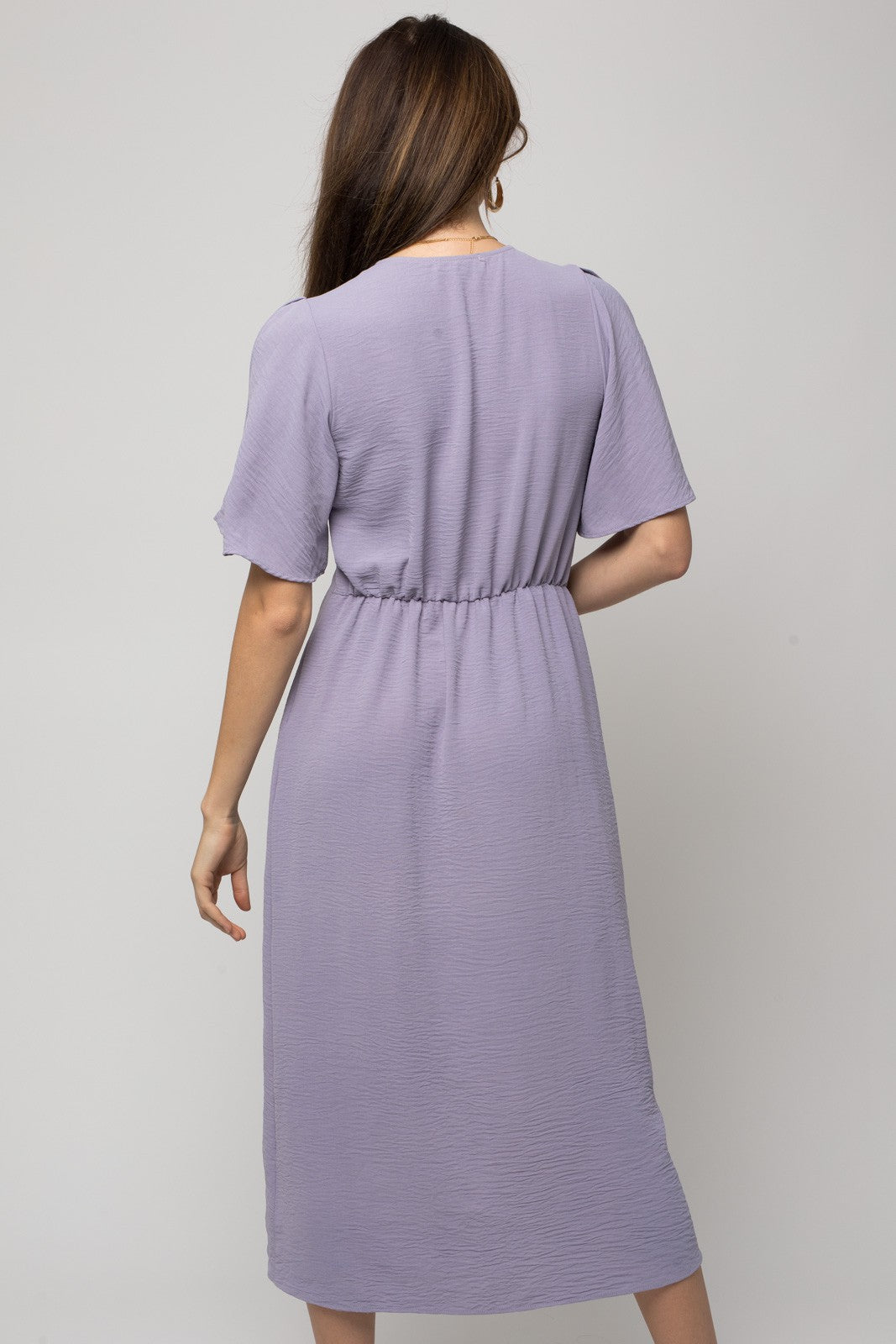 Solid V Neck Midi Dress W Front Knot | Anekay