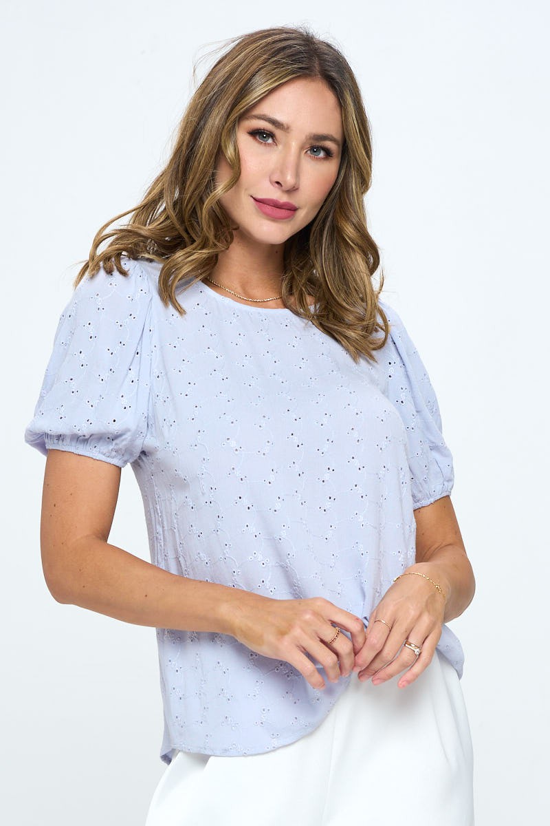 Misty Blue Round Neck Puff Sleeve Top With Embroidery 1