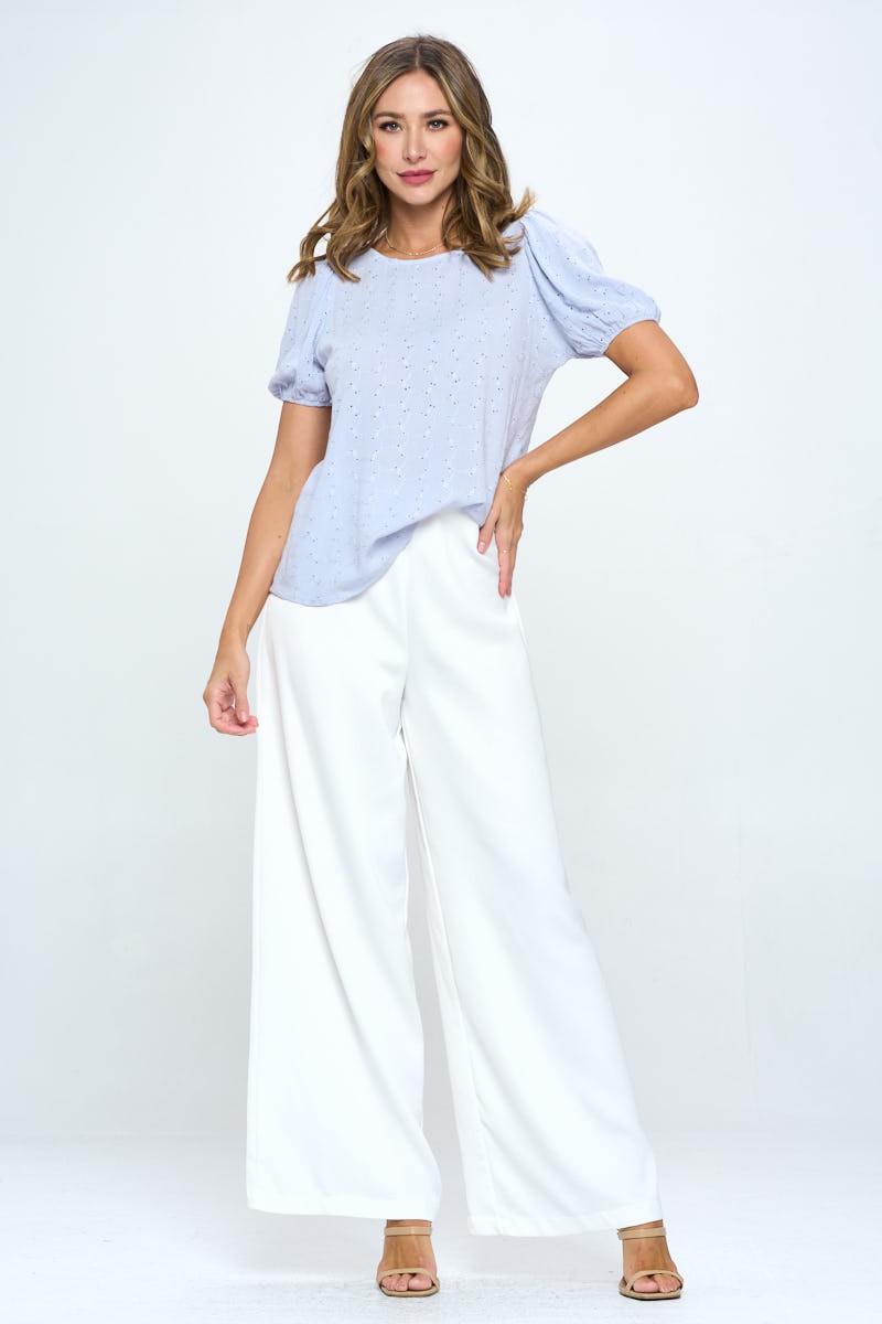 Misty Blue Round Neck Puff Sleeve Top With Embroidery 1