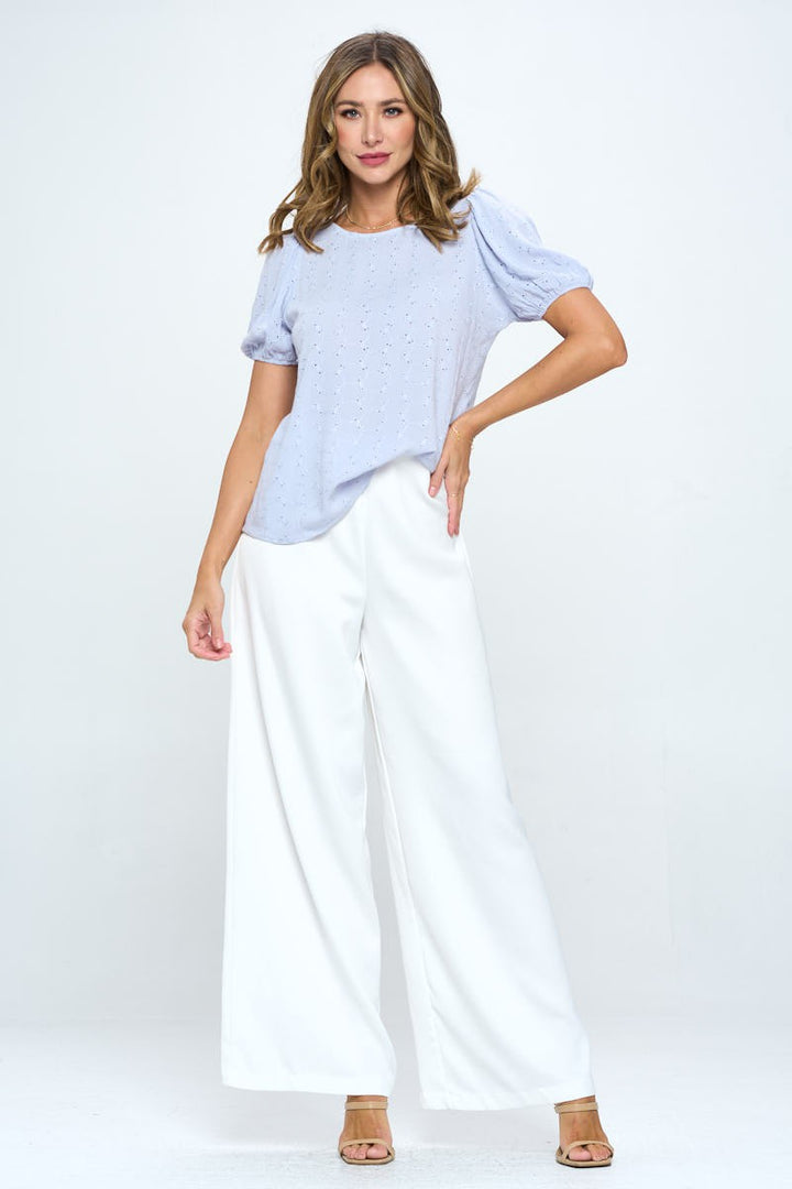 Misty Blue Round Neck Puff Sleeve Top With Embroidery 1