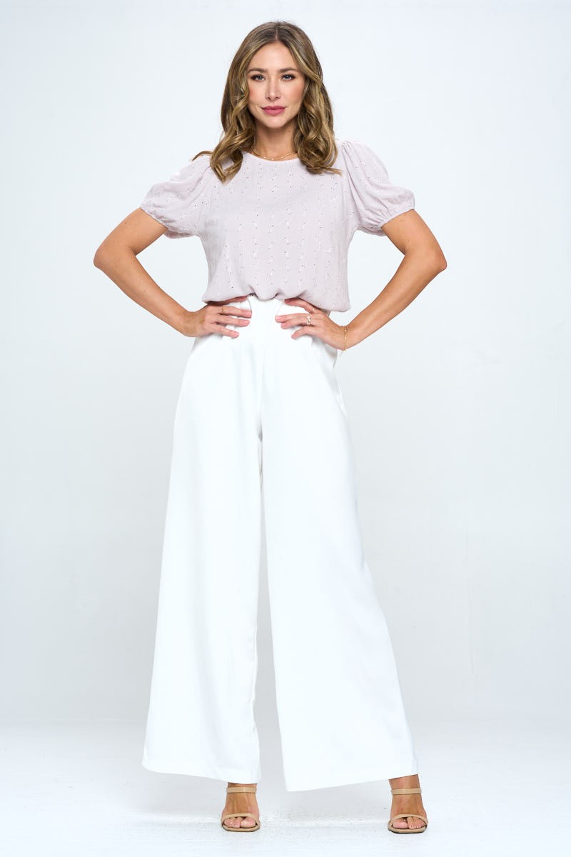 Lavender Round Neck Puff Sleeve Top With Embroidery