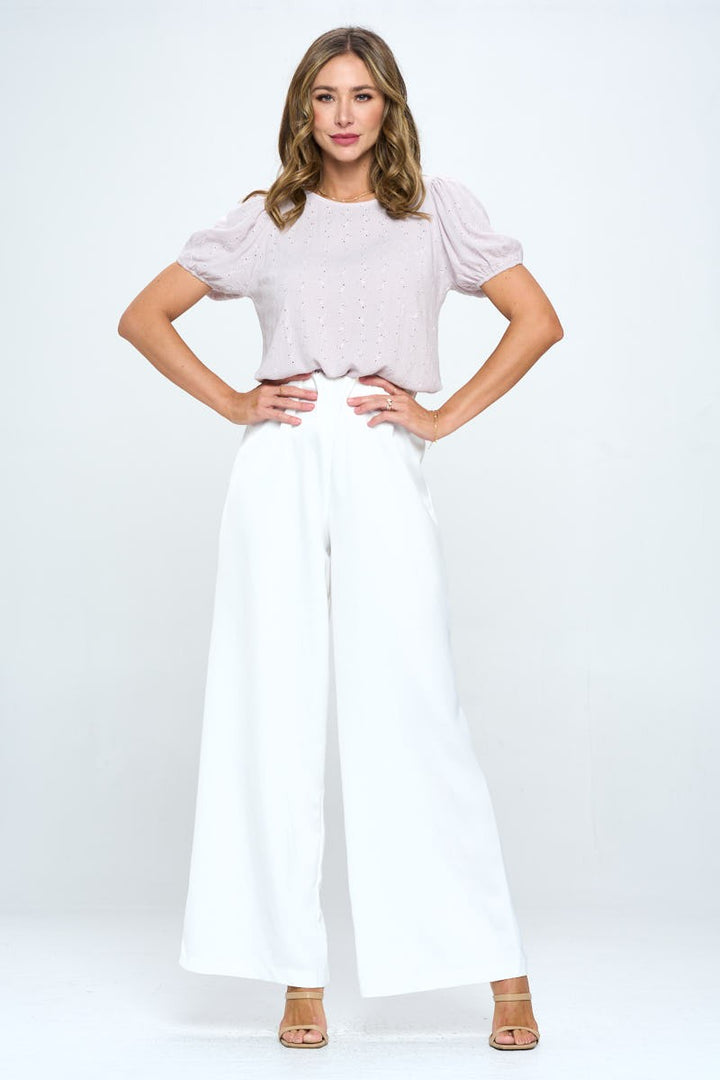 Lavender Round Neck Puff Sleeve Top With Embroidery