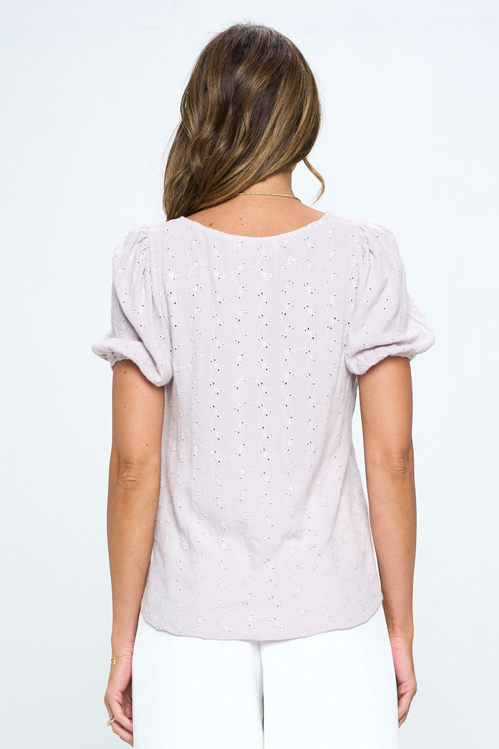 Round Neck Puff Sleeve Top With Embroidery