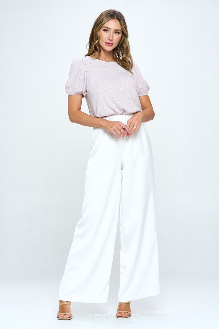 Round Neck Puff Sleeve Top With Embroidery