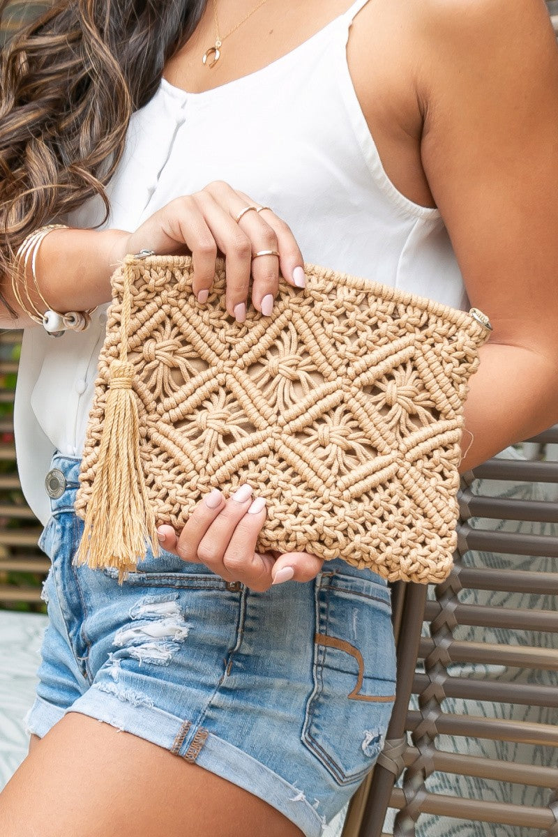 Black Macrame Tassel Clutch