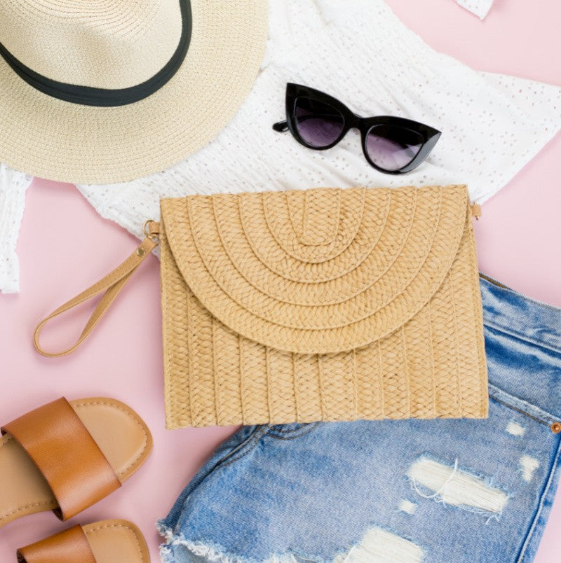 Mocha Straw Foldover Convertible Clutch