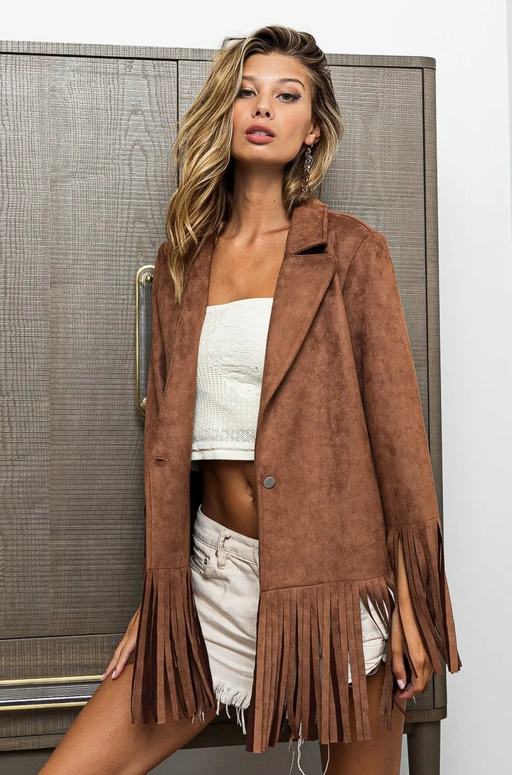 Mocha Bibi Single Blazer With Fringed Hem