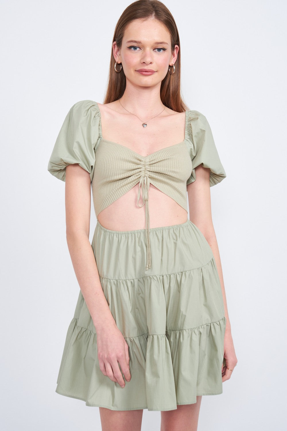 Sage Puff Sleeve Baby Doll Mini Dress