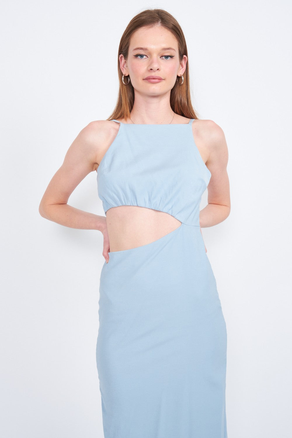 Natural Spaghetti Strap Midi Dress With Waist Cut Out
