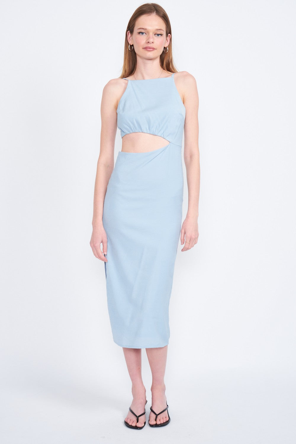Natural Spaghetti Strap Midi Dress With Waist Cut Out