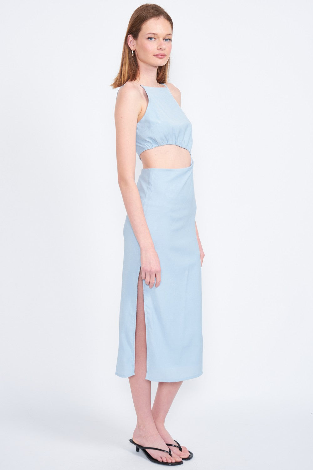 Natural Spaghetti Strap Midi Dress With Waist Cut Out