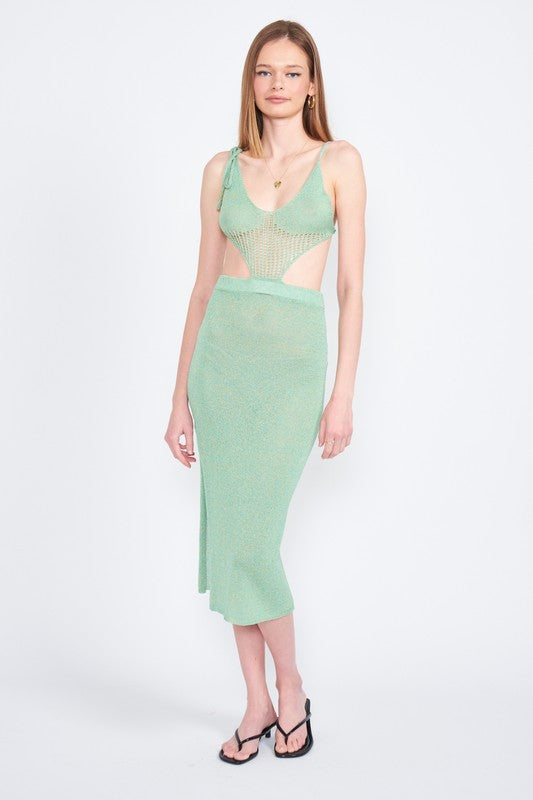 Tan Cut Out Detaul Midi Dress With Shoulder Ties