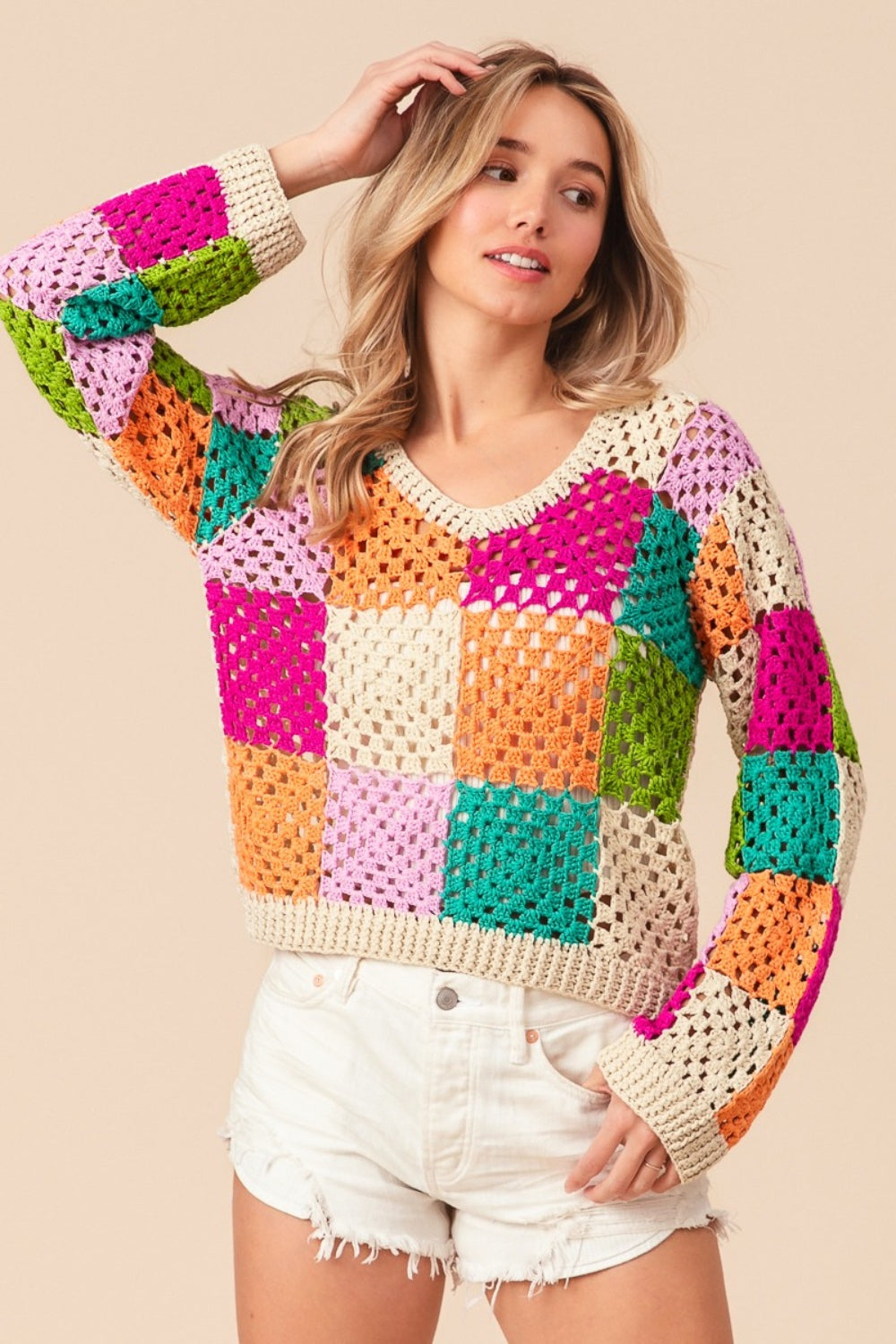 Oatmeal Multi Bibi Multi Color Checkered Long Sleeve Knit Top
