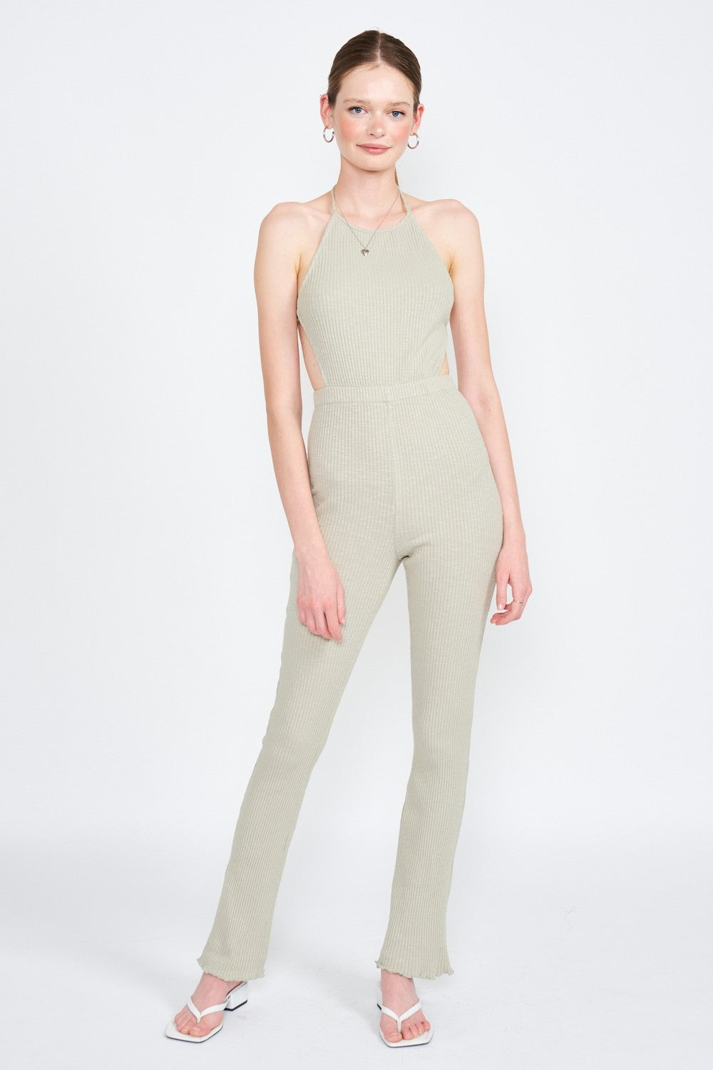 Light Grey Halter Neck Jumpsuit With Open Back