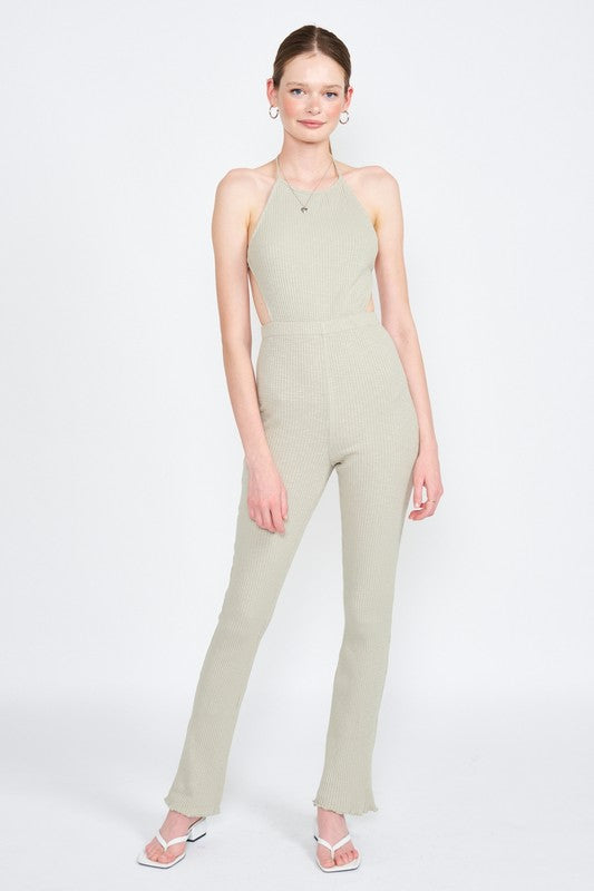 Light Grey Halter Neck Jumpsuit With Open Back