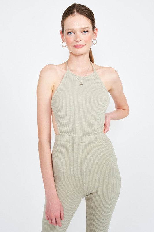 Sage Halter Neck Jumpsuit With Open Back