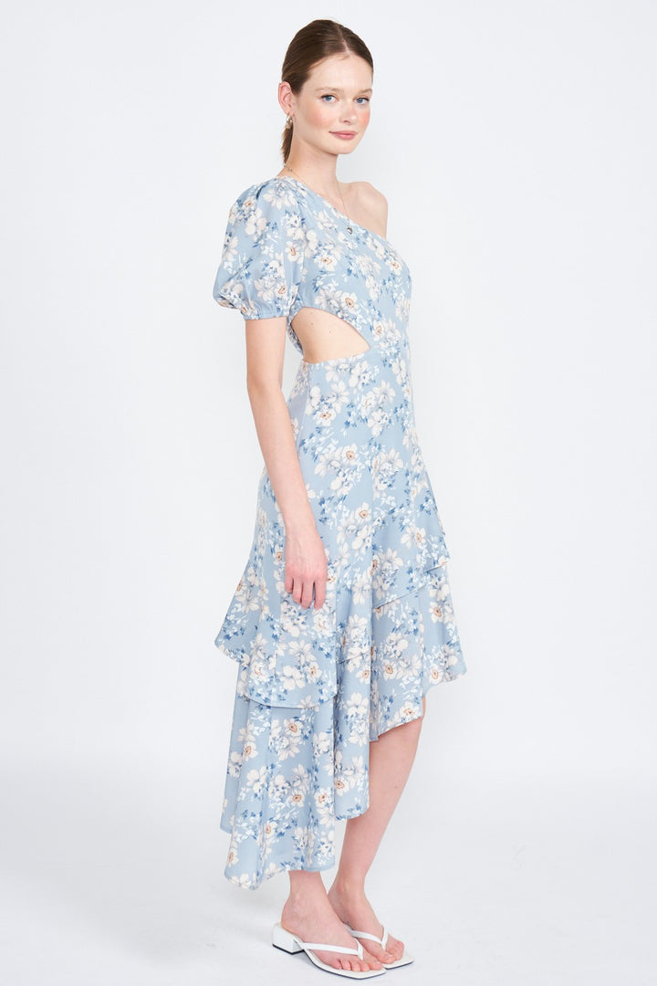 Blue Floral Asymmetric One Shoulder Dress With Cut Out