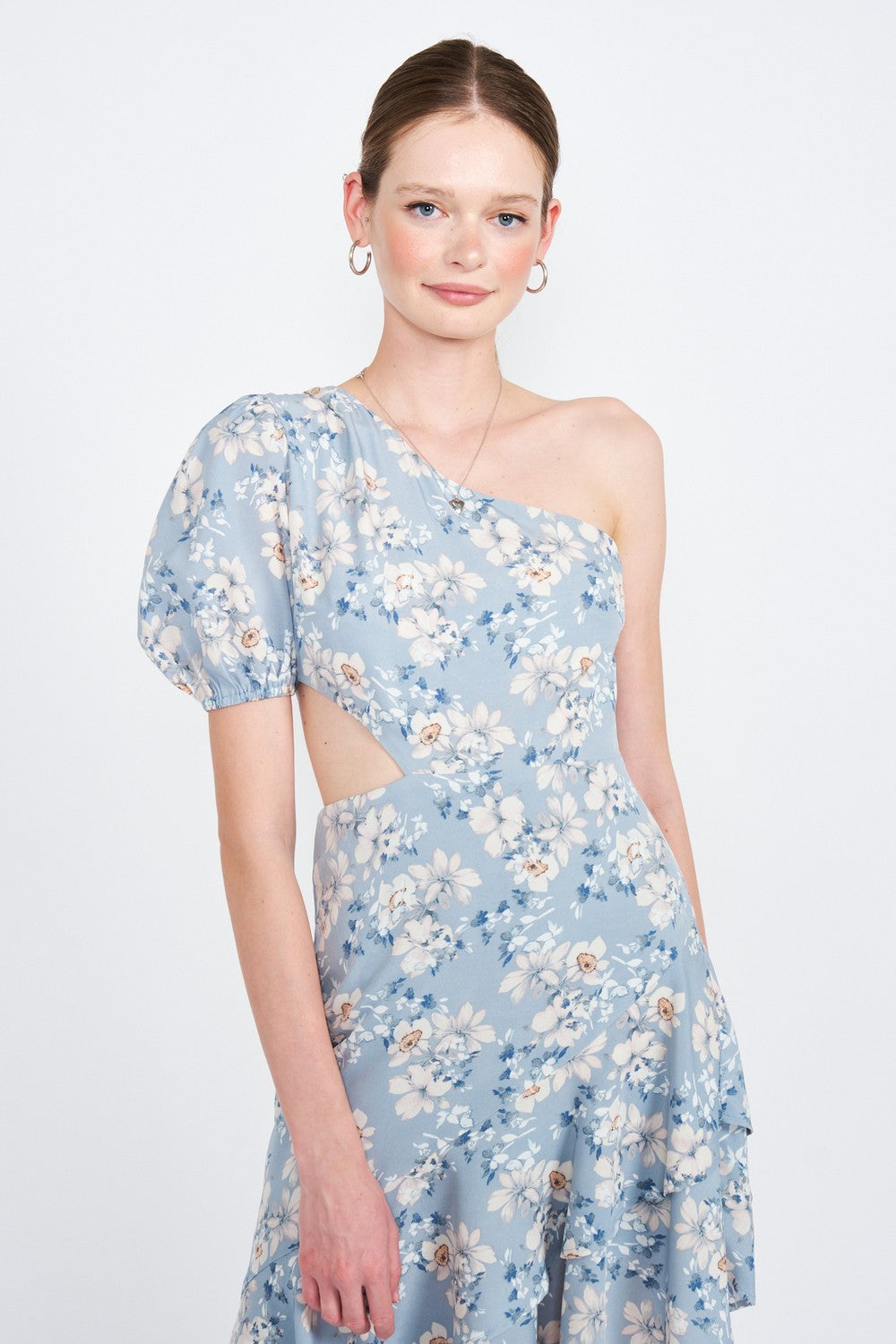 Blue Floral Asymmetric One Shoulder Dress With Cut Out