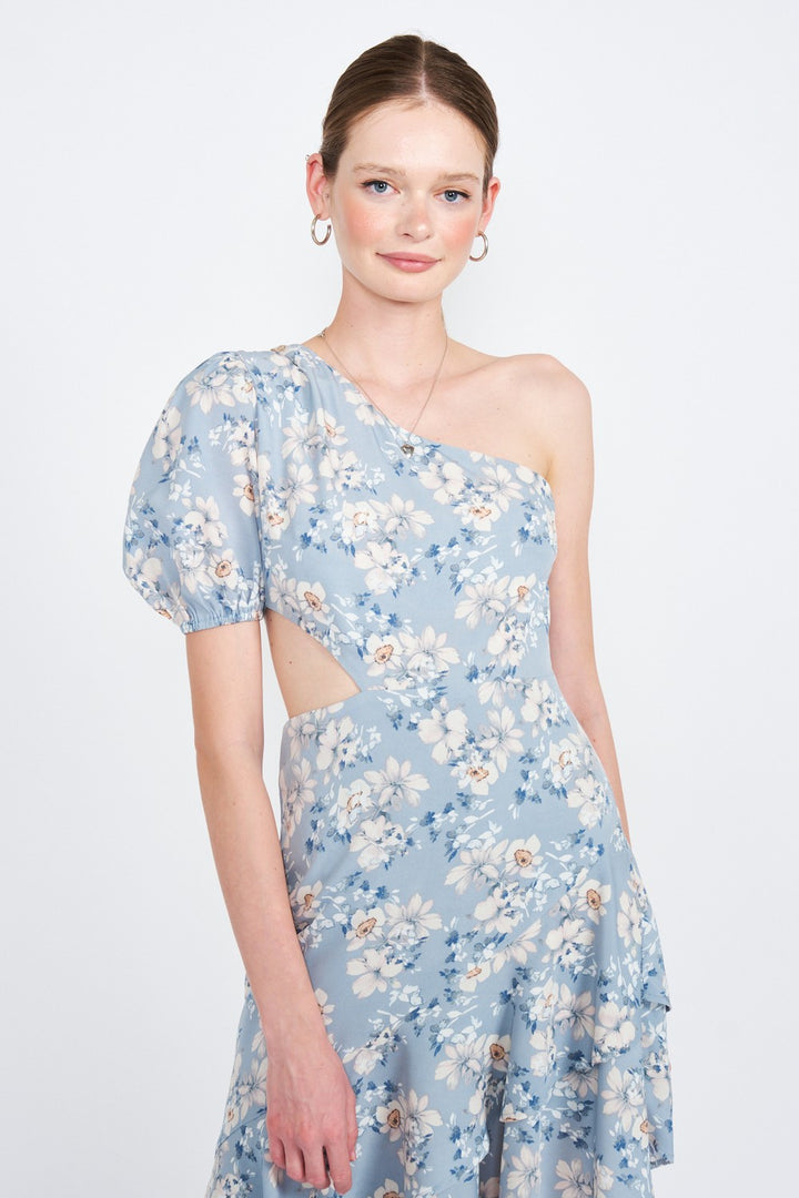 Blue Floral Asymmetric One Shoulder Dress With Cut Out