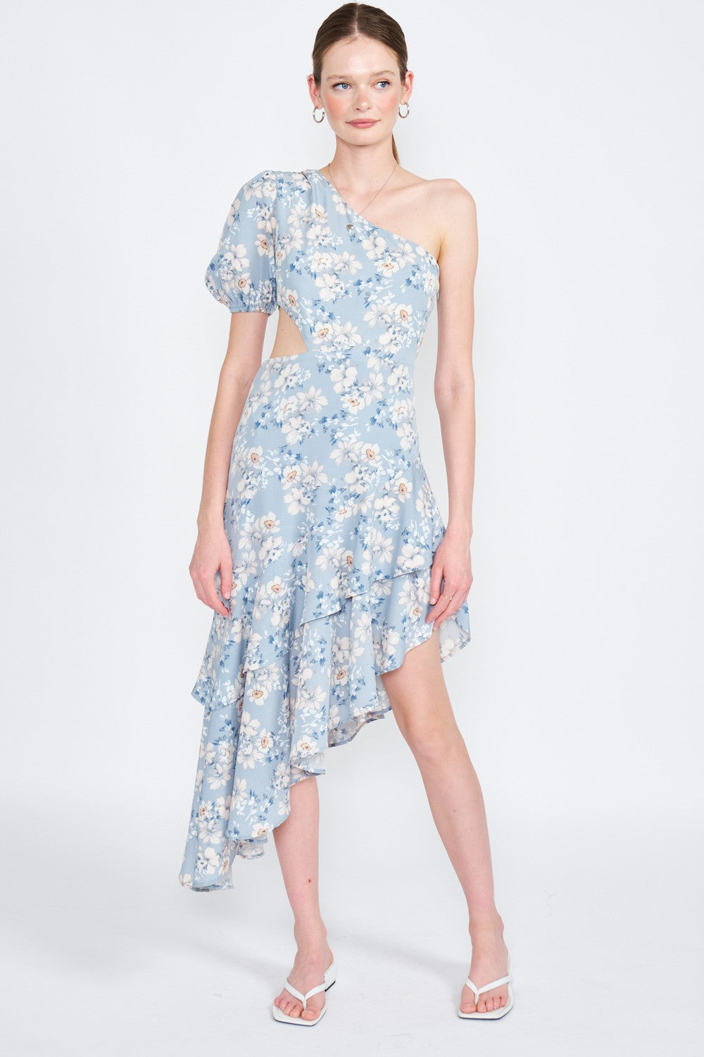 Blue Floral Asymmetric One Shoulder Dress With Cut Out
