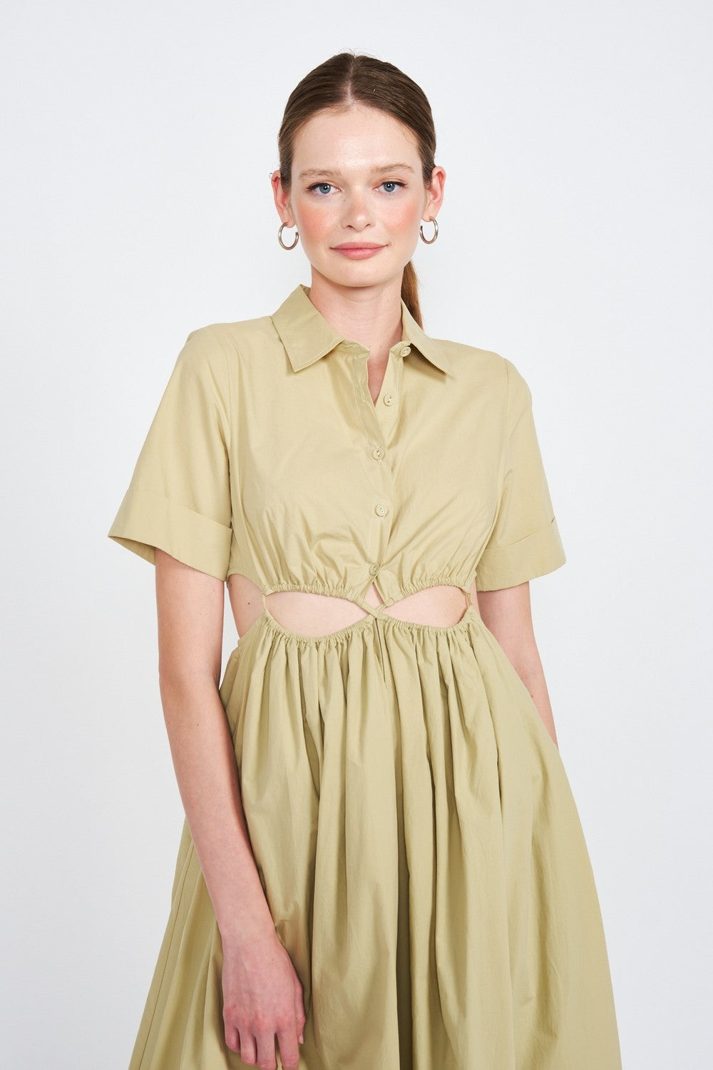 Light Khaki Button Up Collared Midi Dress With Cut Out