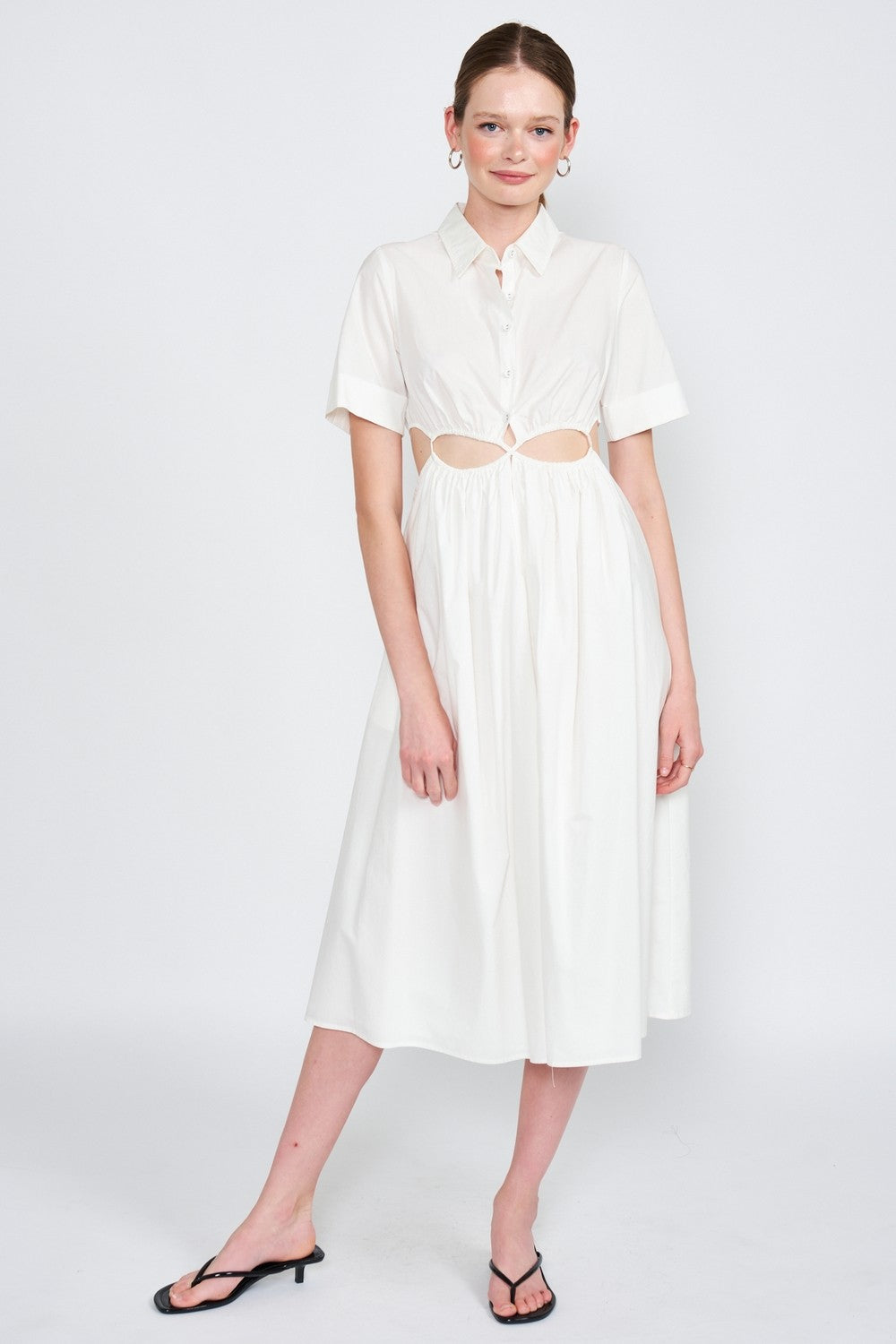Button Up Collared Midi Dress With Cut Out