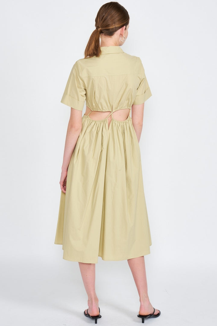 Button Up Collared Midi Dress With Cut Out
