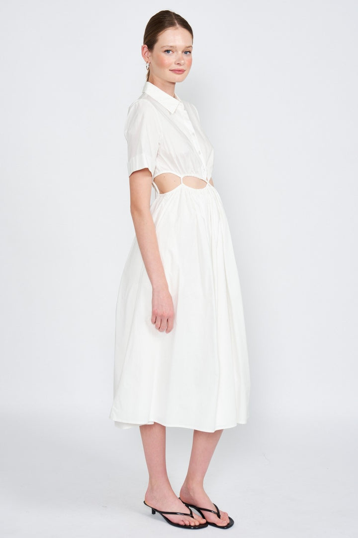Button Up Collared Midi Dress With Cut Out