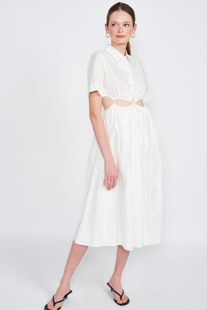 Button Up Collared Midi Dress With Cut Out
