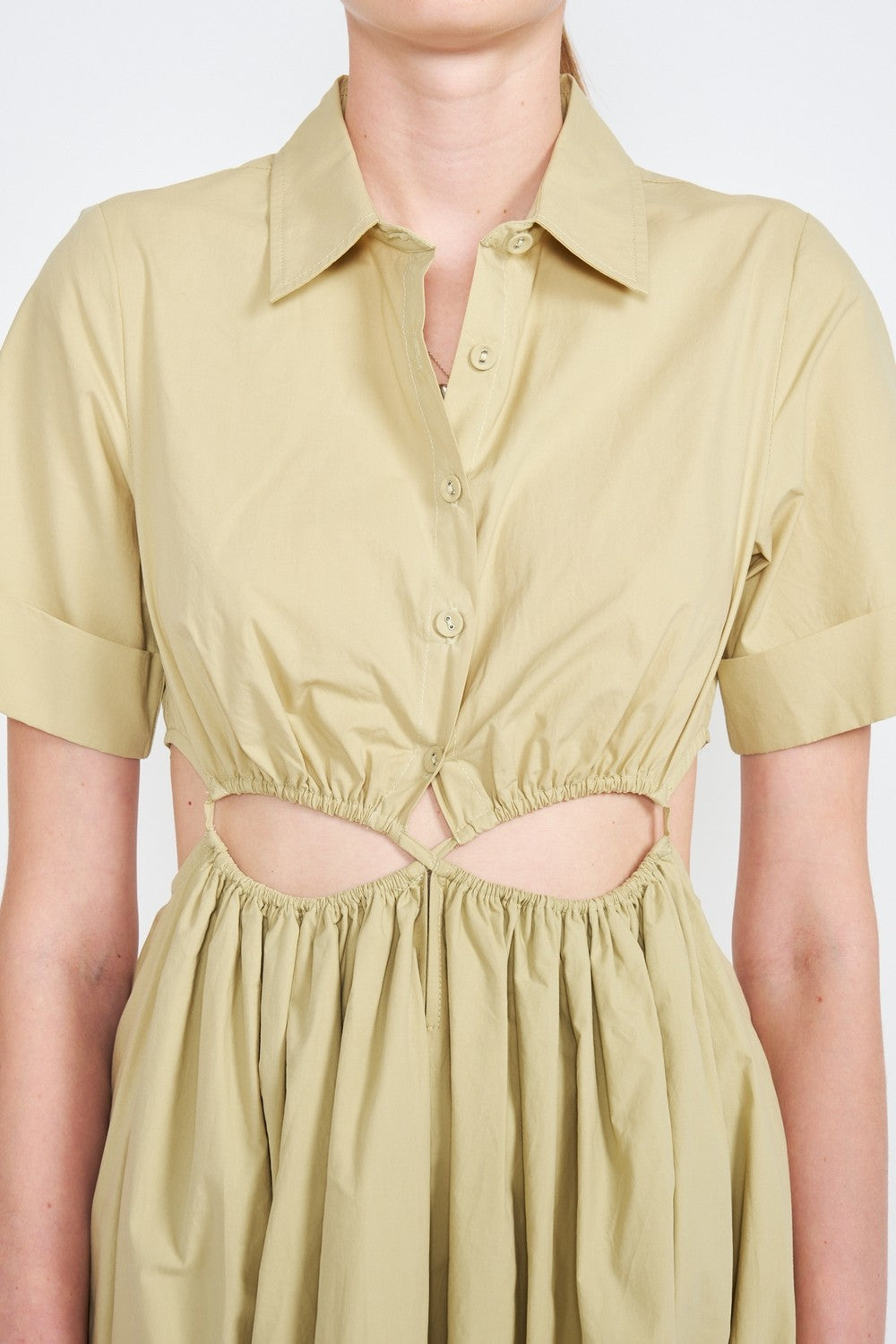 Button Up Collared Midi Dress With Cut Out