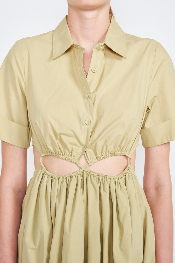 Button Up Collared Midi Dress With Cut Out